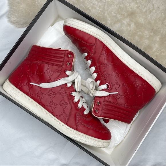 Gucci Red Hibiscus Signature High-top Sneaker Flats sz 8 - Picture 6 of 10